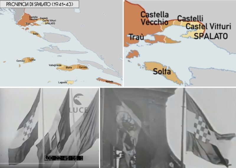 Pokrajina Split („Provincia di Spalato“) za talijanske okupacije tijekom II. svjetskog rata – Kaštela (oko 13 tisuća stanovnika ukupno) su činila tri općine: „Castelli“ (Kaštel-Sućurac) – 3 500 stanovnika, „Castel Vitturi“ (Kaštel-Lukšić) – 4 000 stanovnika, „Castella Inferiore o Castel Vecchio“ (Donja Kaštela ili Kaštel Stari) – 5 500 stanovnika; Zastava Kraljevine Hrvatske/NDH prilikom potpisivanja Rimskih ugovora u Rimu sa šahiranim grbom početnog crvenog polja
